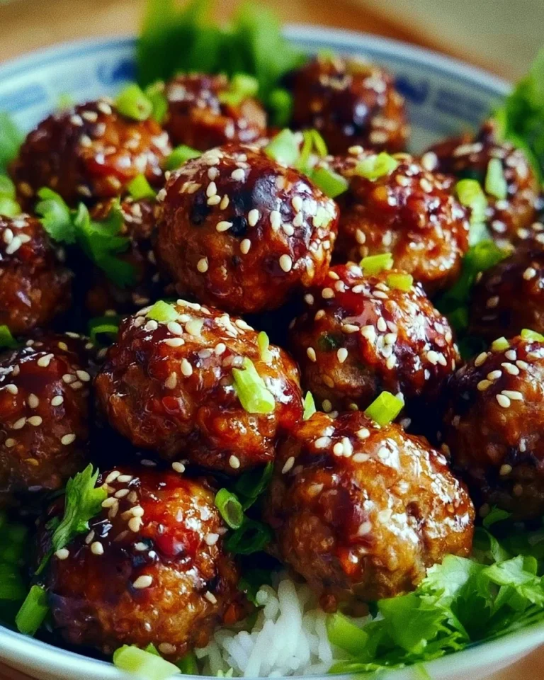 Plate of delicious Asian meatballs garnished with herbs and dipping sauce.