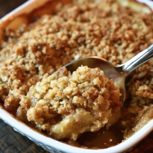 Delicious homemade apple crisp topped with crunchy oats and served warm.