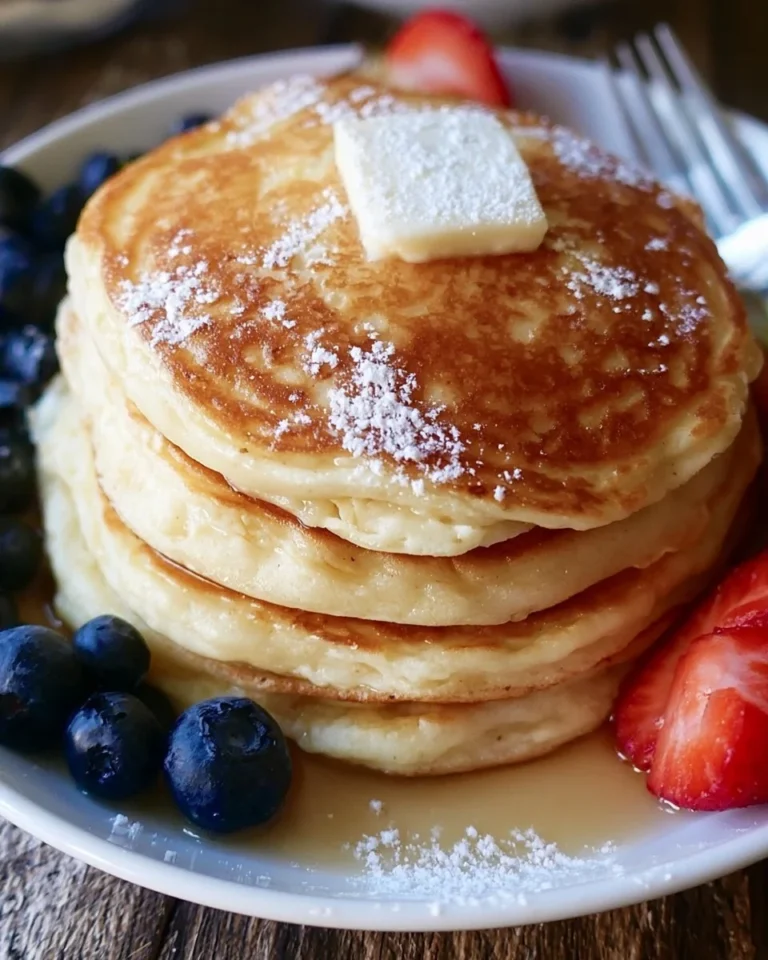 Stack of fluffy buttermilk pancakes topped with syrup and berries