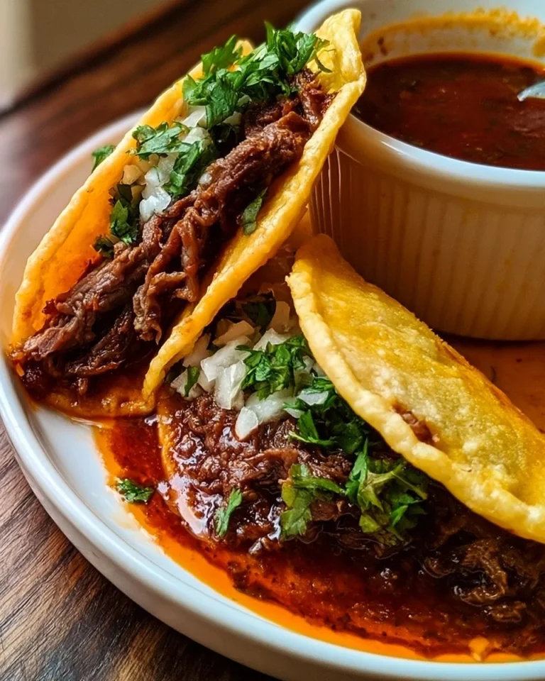 Plate of homemade Birria Tacos made in a Crock Pot with rich broth
