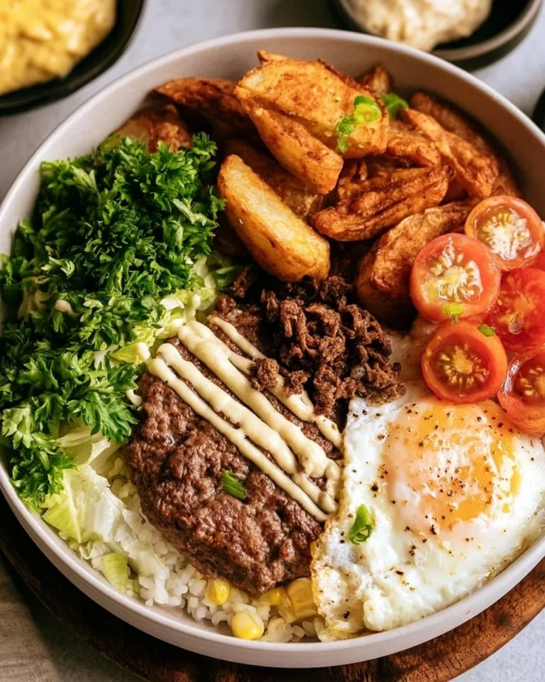A colorful Burger Bowl featuring grilled beef, fresh veggies, and tasty toppings.