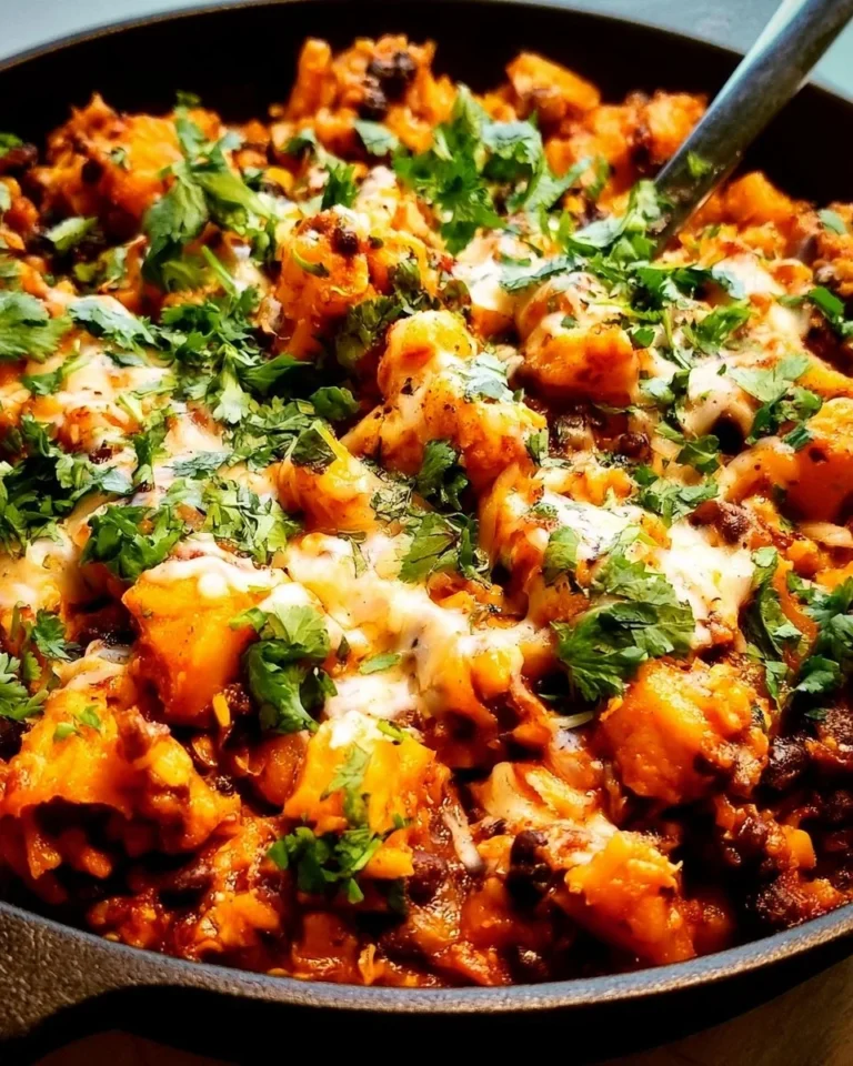 Butternut Squash and Black Bean Enchilada Skillet served in a cast iron pan