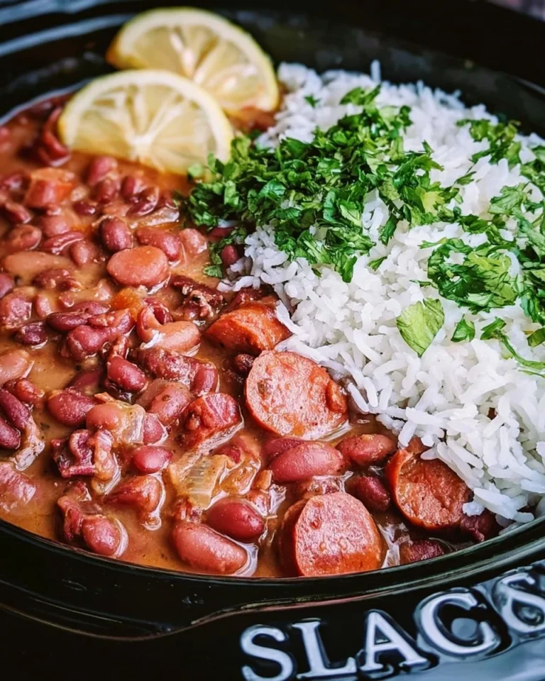 Bowl of Cajun red beans and rice topped with green onions