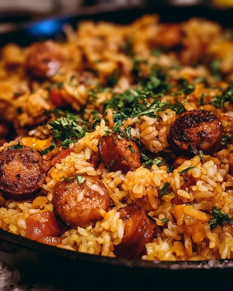 Cajun sausage and rice skillet dish garnished with herbs