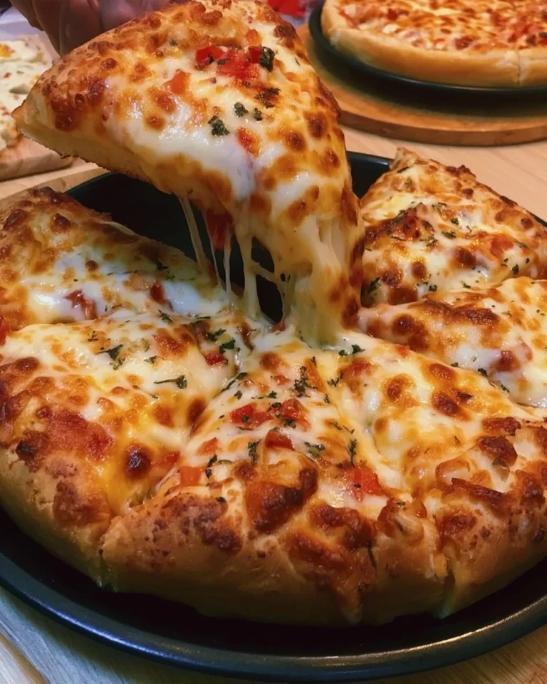 Melted cheese pulling away from a slice of Cheese Pull Pizza on a plate.