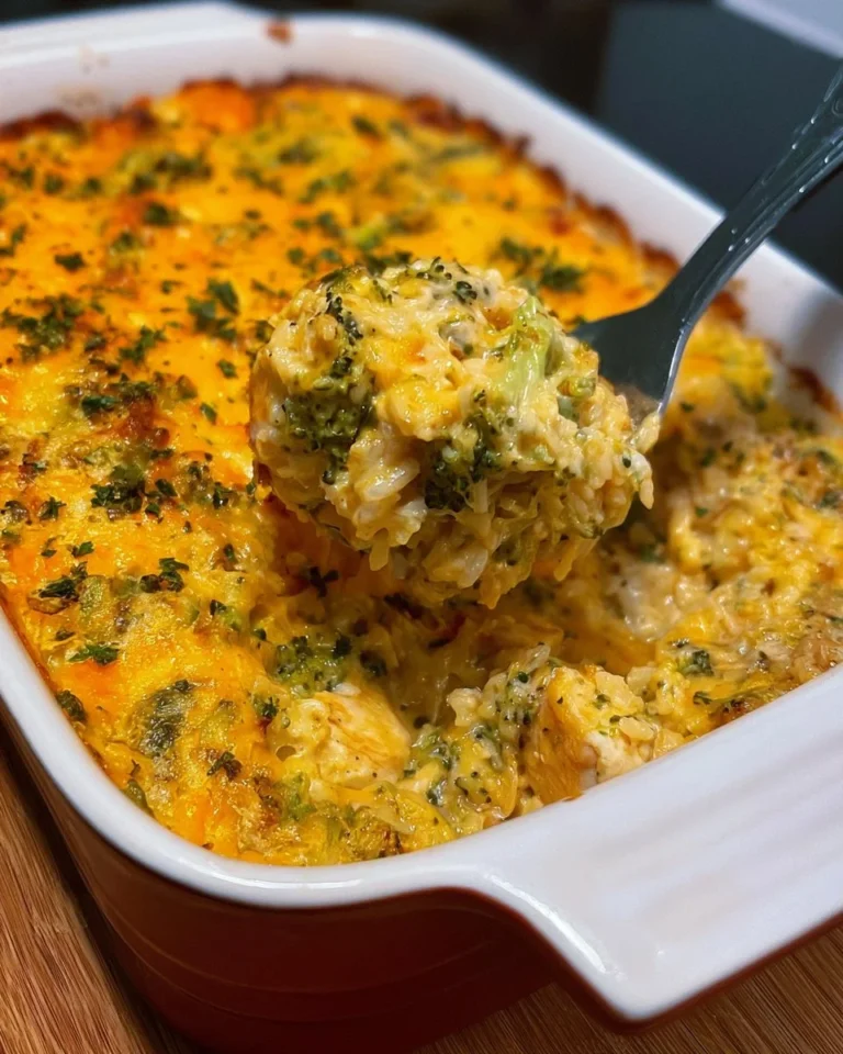 Delicious Chicken Broccoli Rice Casserole topped with cheese and baked to perfection.
