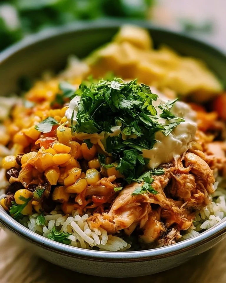 Slow cooker Chicken Burrito Bowl topped with fresh ingredients and spices