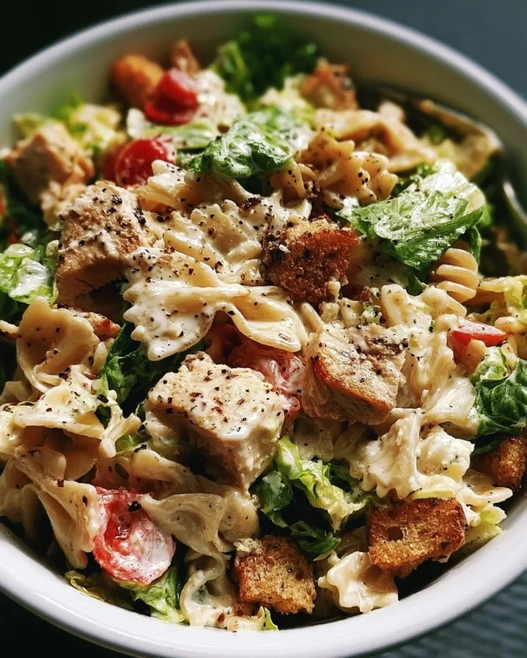 Delicious Chicken Caesar Pasta Salad with fresh ingredients and Caesar dressing