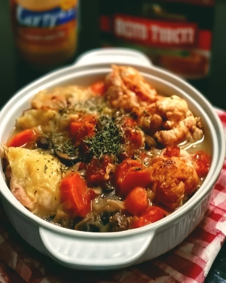 Delicious chicken casserole dish ready to serve with toppings.