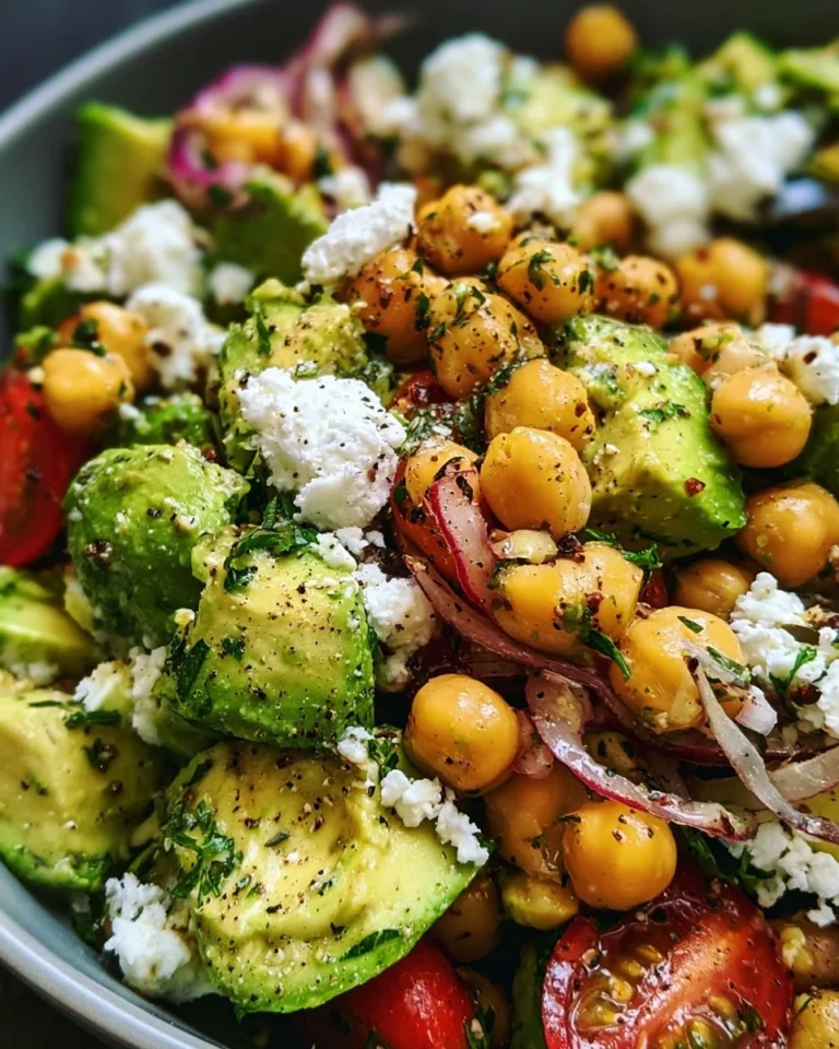 Chickpea Feta Avocado Salad with fresh ingredients in a bowl