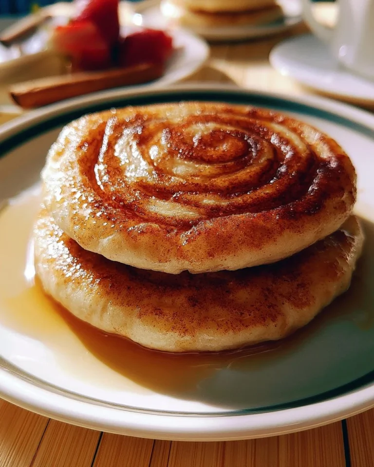 Fluffy Cinnamon Swirl Pancakes drizzled with syrup on a plate