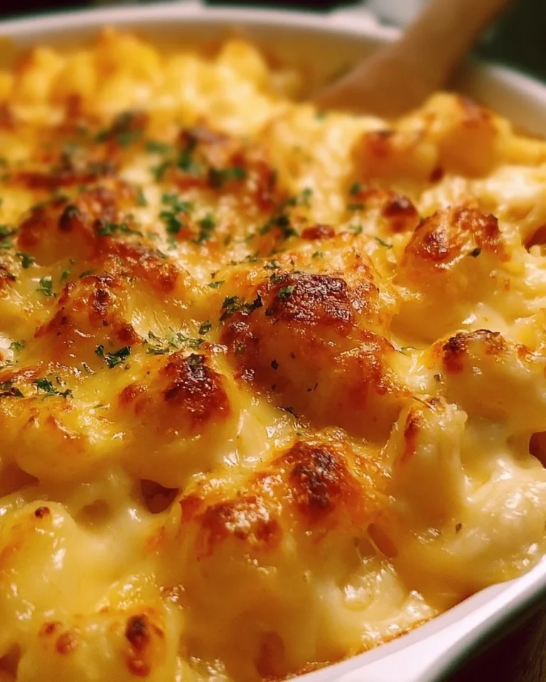 Creamy baked macaroni and cheese dish with golden crust and melting cheese