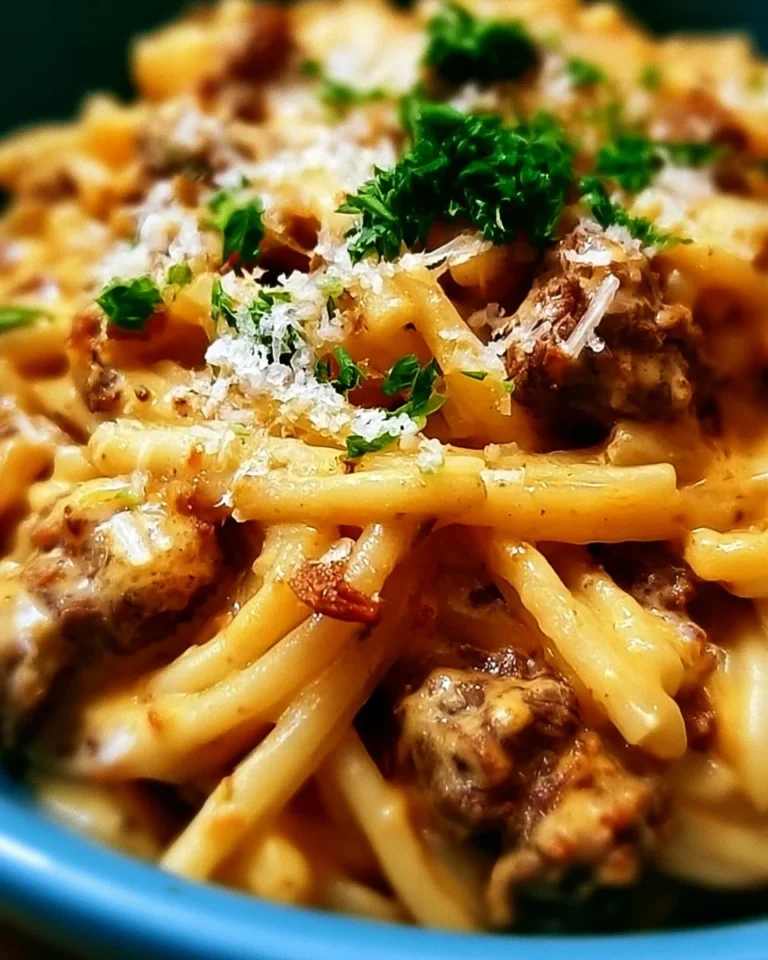 Delicious creamy beef pasta served in a bowl with herbs