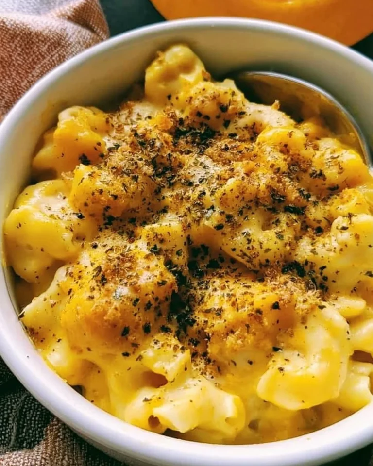 Creamy butternut squash macaroni and cheese in a bowl with cheese on top