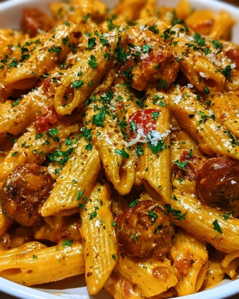 Plate of creamy Cajun sausage pasta garnished with herbs and spices