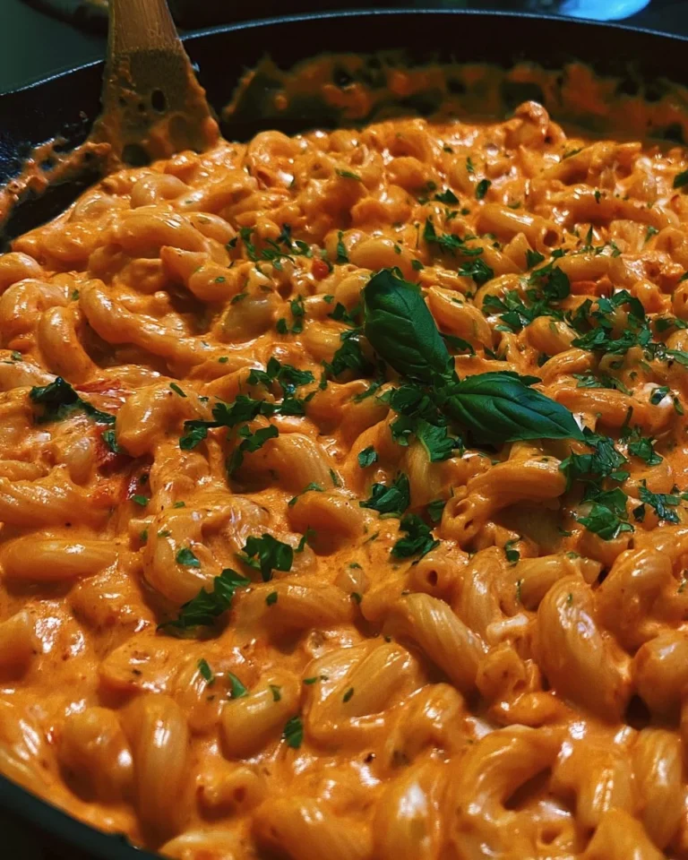 Creamy cheesy skillet macaroni with red sauce and cream cheese in a skillet