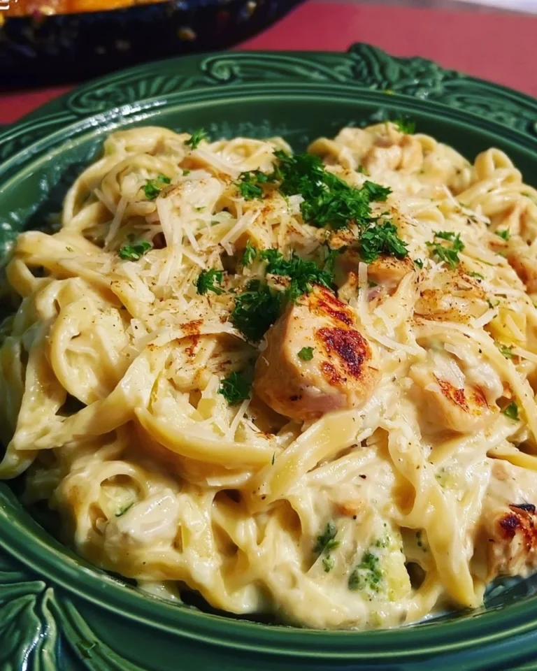 Creamy Chicken Fettuccine Alfredo served with parsley garnish