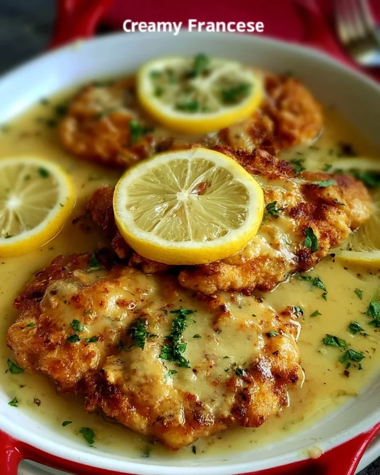Delicious creamy Chicken Francese served on a plate with lemon and herbs
