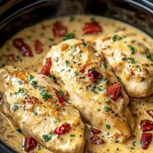 Delicious creamy crockpot Marry Me Chicken served with herbs