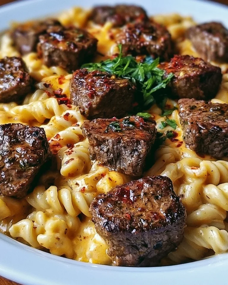 Creamy garlic butter steak bites served with spicy Cajun Alfredo pasta dish