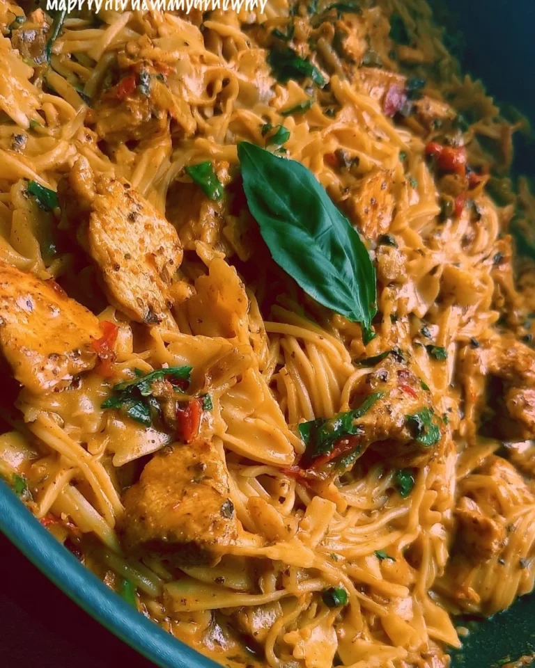Delicious creamy garlic chicken pasta served in a bowl with herbs