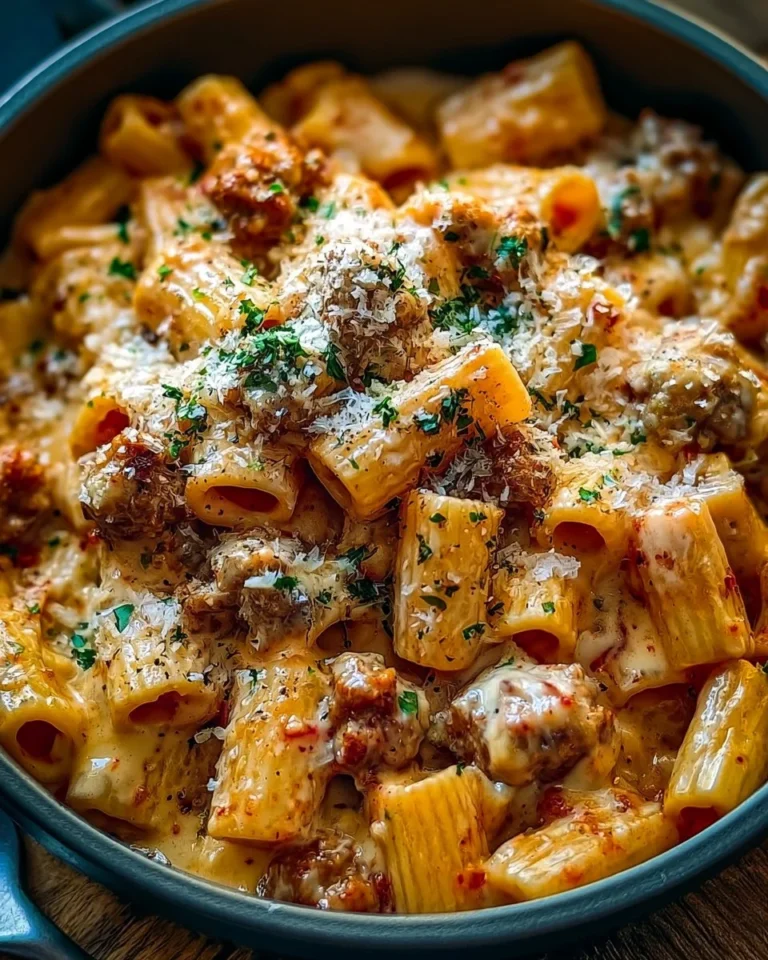 Creamy Italian sausage rigatoni served in a bowl with herbs and cheese