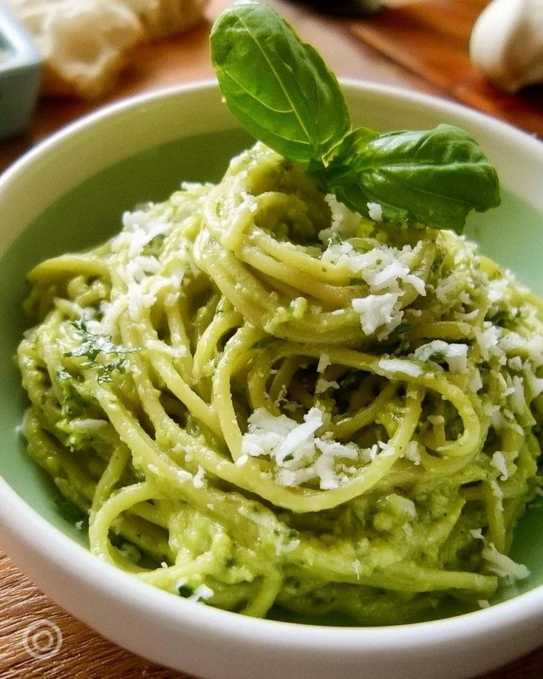 Bowl of creamy Mexican green spaghetti topped with fresh herbs.