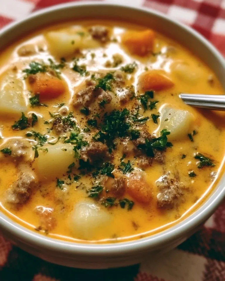 Creamy Potato Hamburger Soup in a bowl, garnished with herbs
