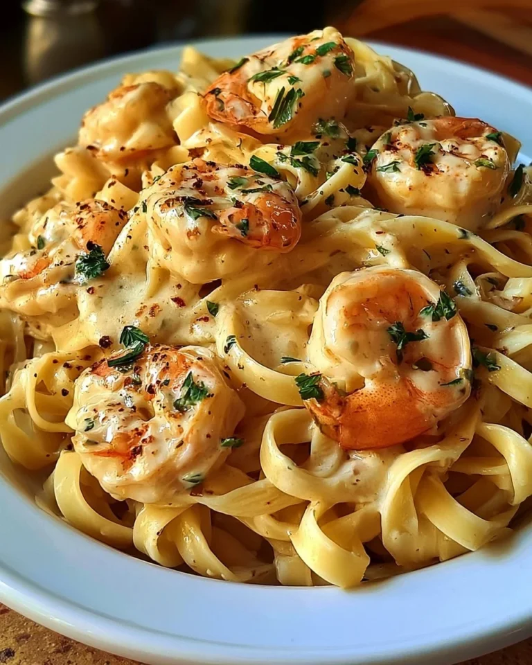 Creamy shrimp fettuccine with homemade Alfredo sauce served in a bowl