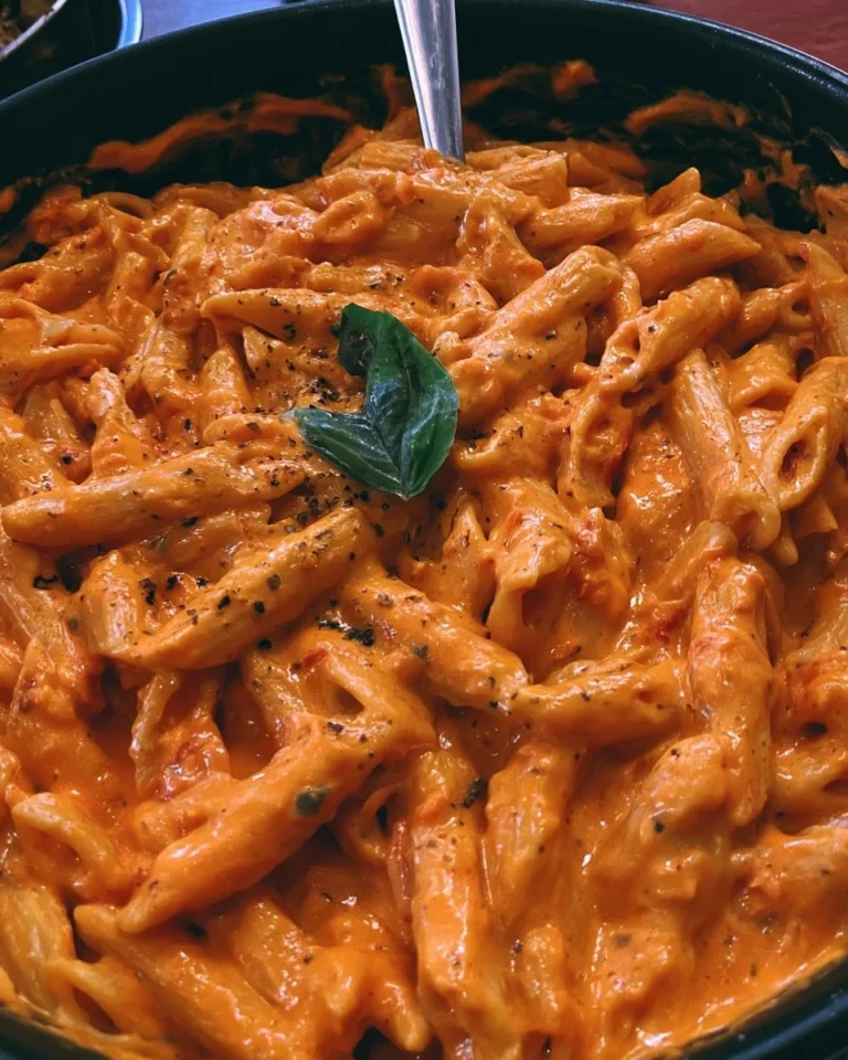 Creamy tomato penne pasta in a rich cream sauce, garnished with herbs