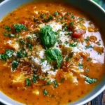 Bowl of creamy vegan lasagna soup garnished with fresh herbs