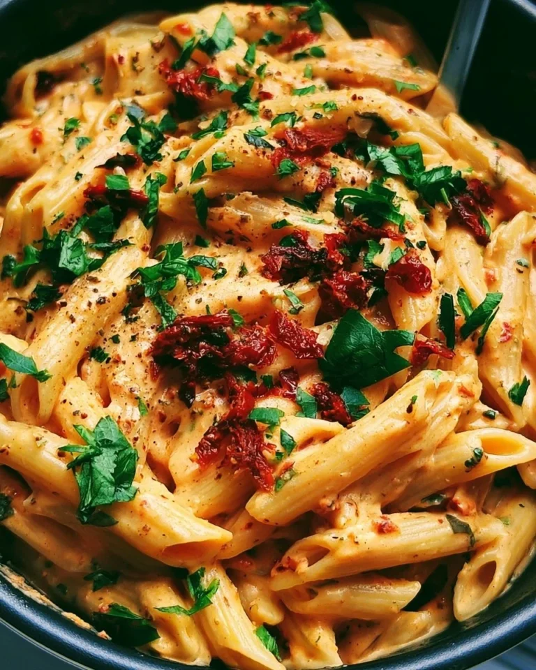 Creamy vegan pasta dish with sun-dried tomatoes, served in a bowl