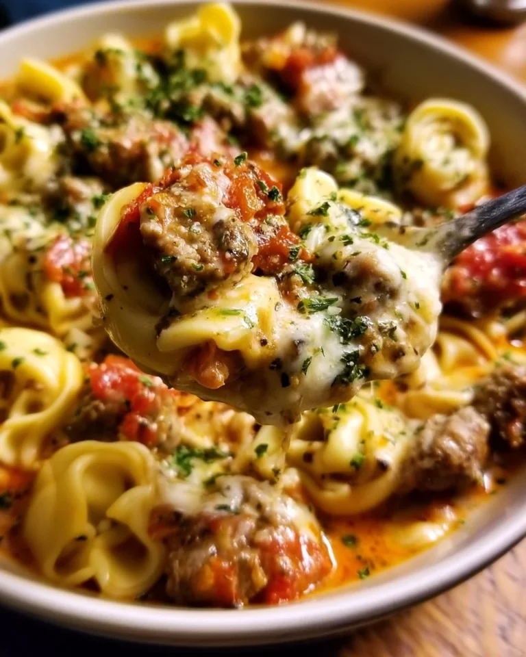 Delicious crock pot cheesesteak tortellini in a creamy sauce with vegetables