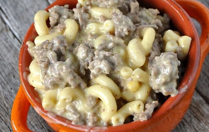 Crock Pot Cheesy Beefy Mac Casserole in a serving dish