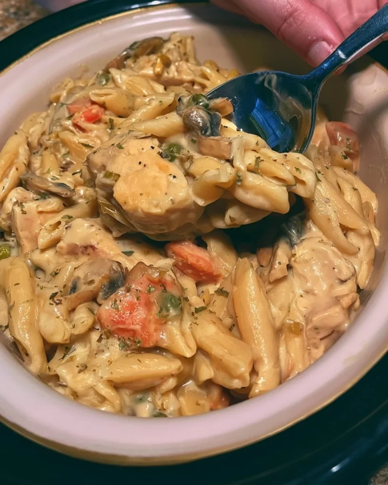 Crock pot chicken pot pie pasta recipe served in a bowl with vegetables