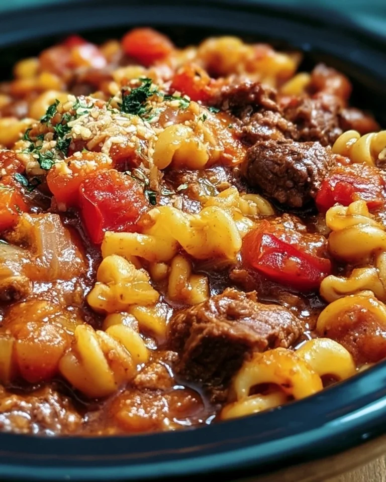 Delicious homemade Crock Pot goulash served in a bowl with fresh herbs.