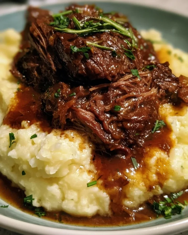 Crockpot beef chuck roast with garlic mashed potatoes in a rustic serving dish