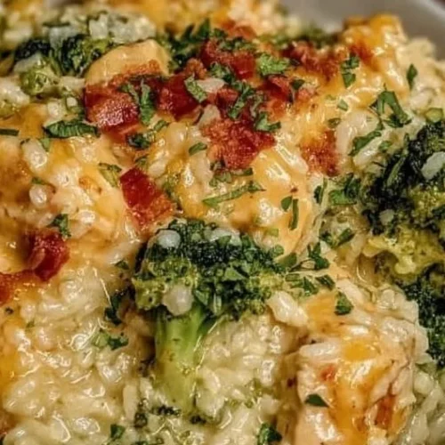 Crockpot Cheddar Chicken with Broccoli and Rice served in a bowl.