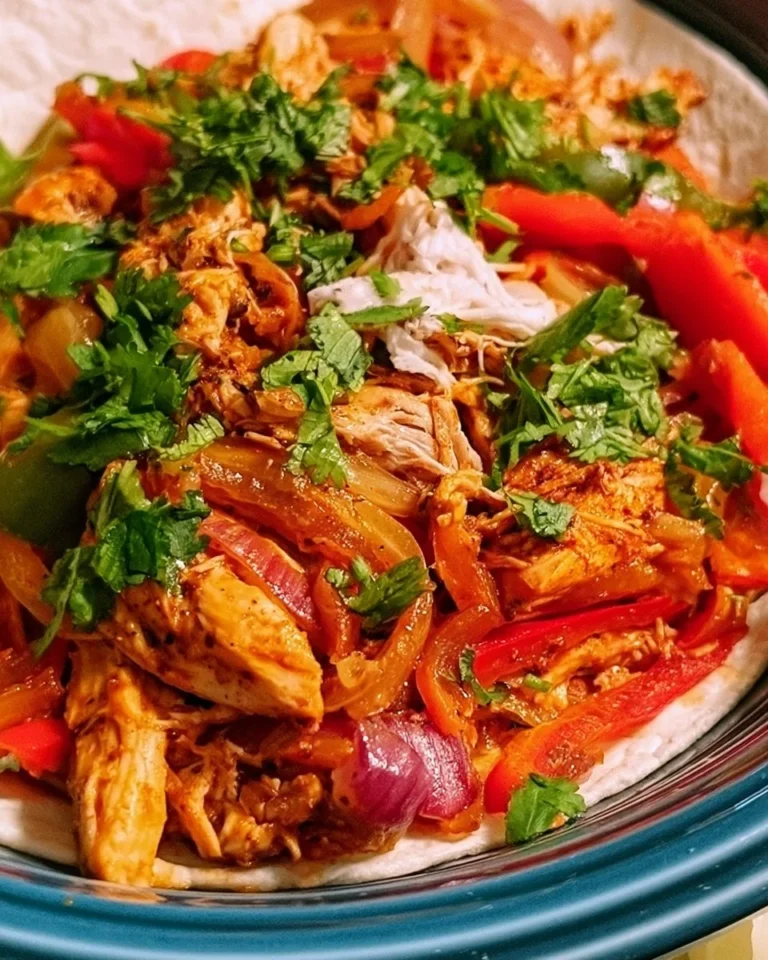 Crockpot chicken fajitas dish ready to serve, featuring peppers and spices.