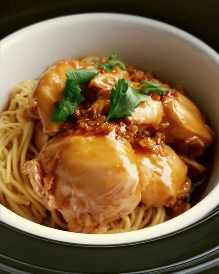 Crockpot Honey Garlic Chicken Noodles with fresh vegetables