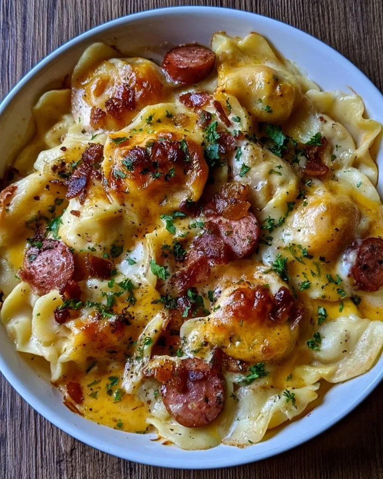 Crockpot Pierogi Casserole with Kielbasa served in a dish