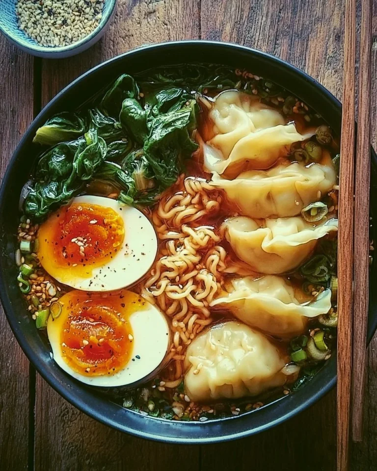 Delicious dumpling ramen bowl with fresh ingredients and rich broth