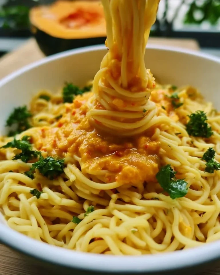 Creamy butternut squash pasta sauce served over spaghetti.