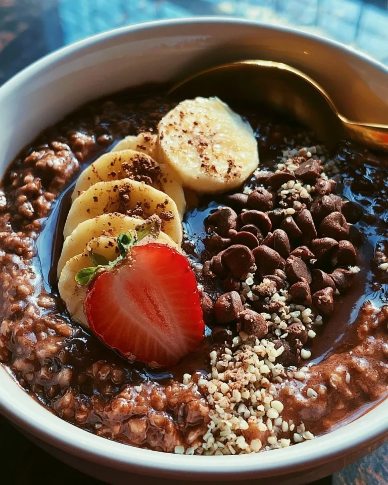 Bowl of delicious chocolate oatmeal topped with fresh fruits and nuts