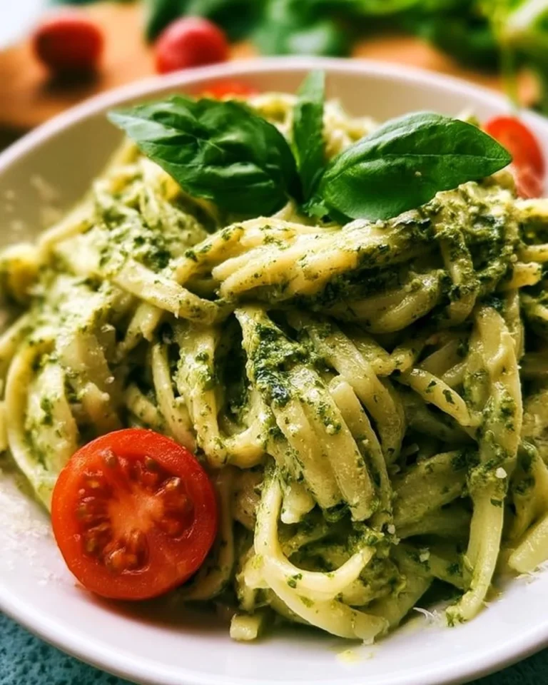 Bowl of easy creamy pesto pasta with fresh basil and parmesan cheese