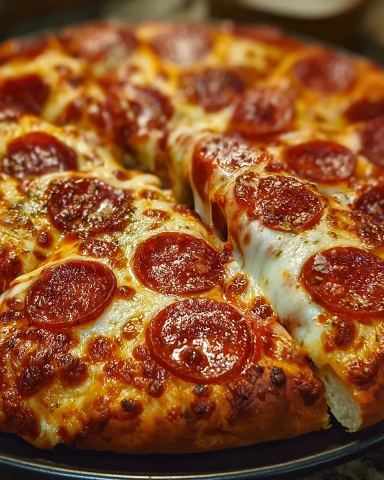 Homemade pepperoni pizza fresh out of the oven with melted cheese and toppings