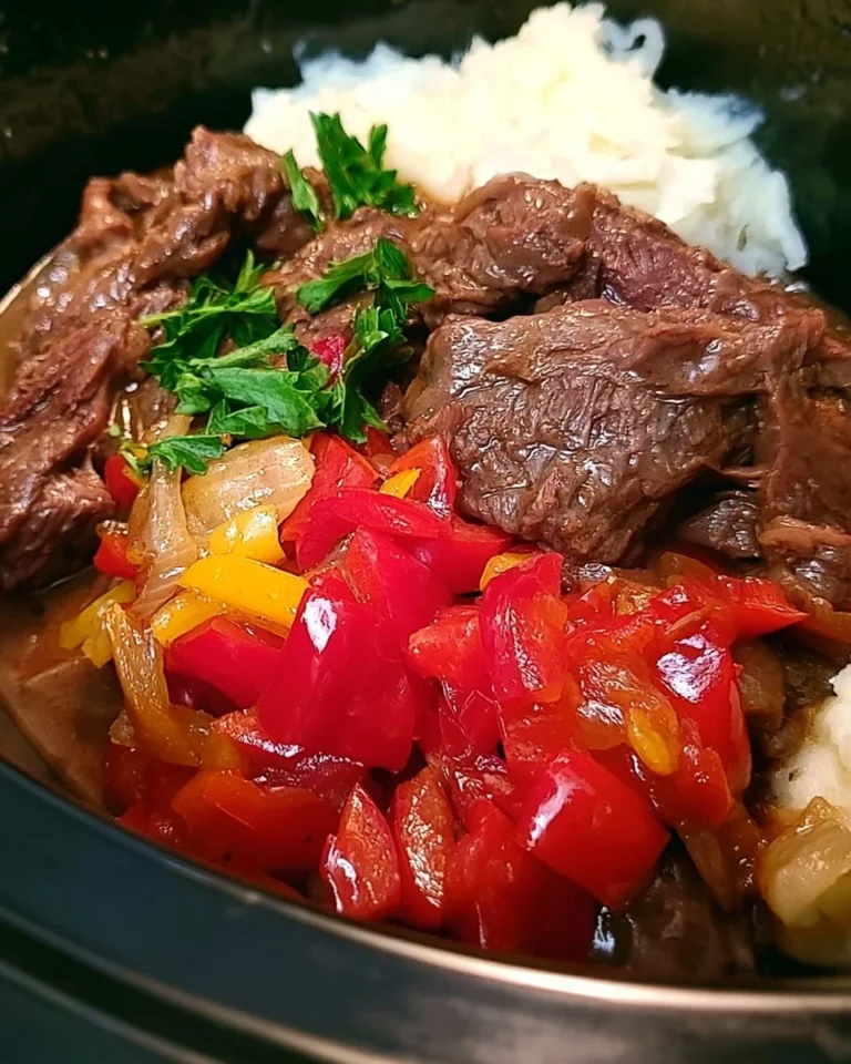 Delicious slow cooker pepper steak served with vegetables and rice.