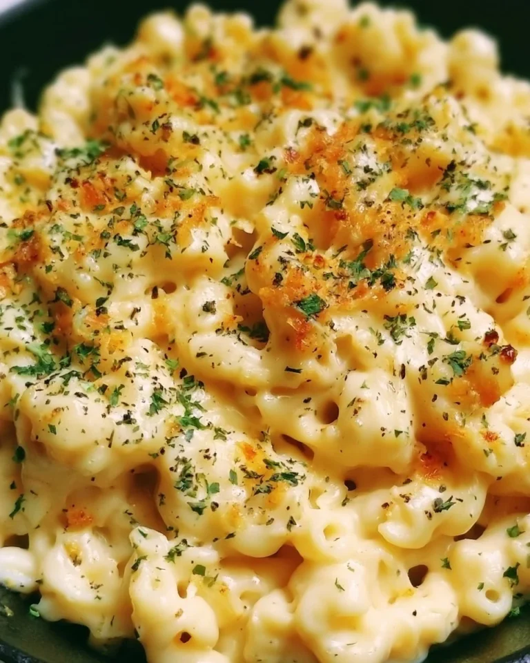Bowl of creamy four-cheese mac and cheese topped with breadcrumbs