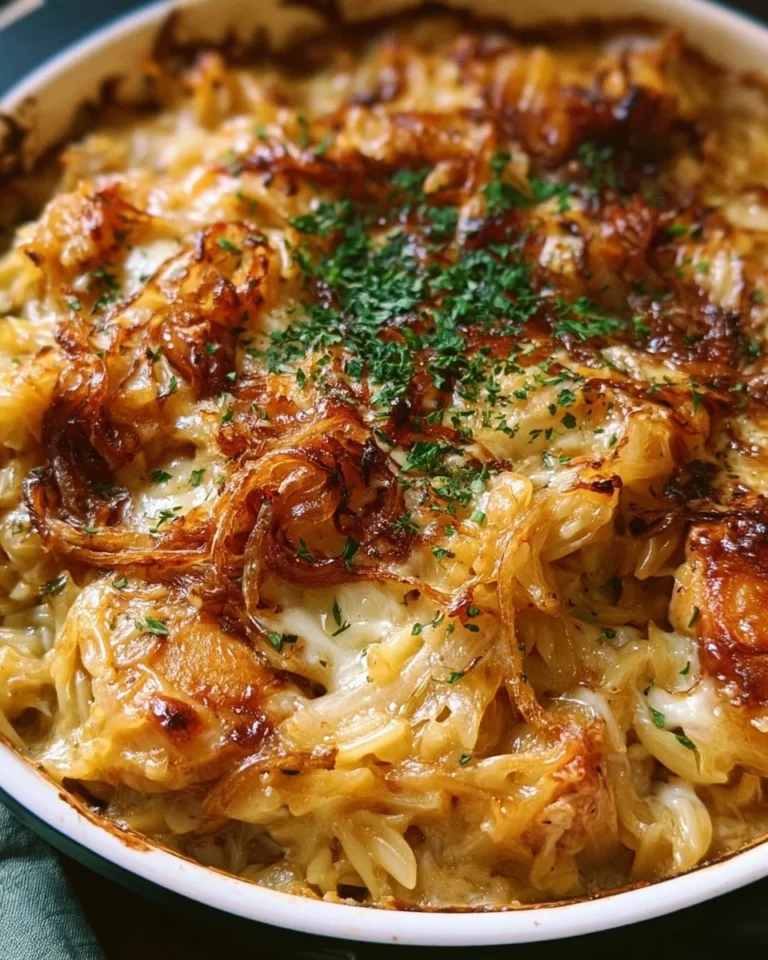French Onion Chicken Orzo Casserole topped with melted cheese and herbs.