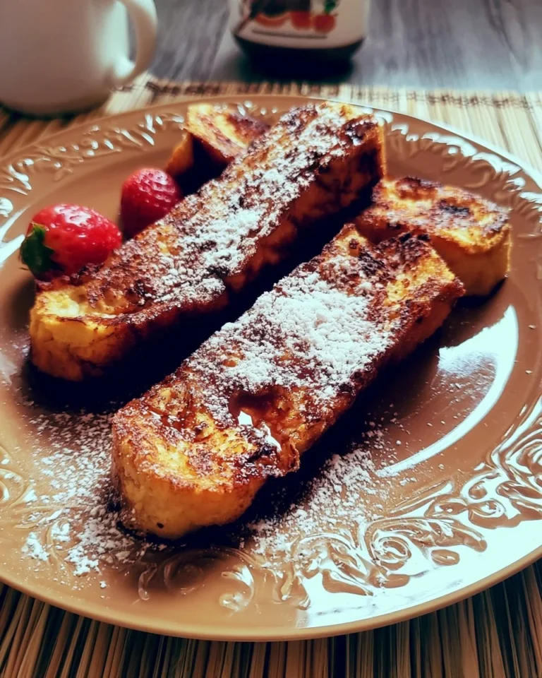 Delicious French toast topped with Nutella and fresh strawberries.